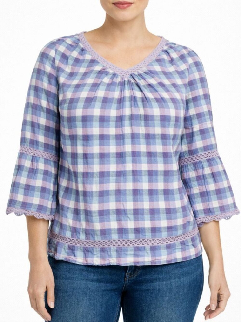 Chicos Womens Crochet Detail Gingham Linen Popover Top Purple SIze 2 | L